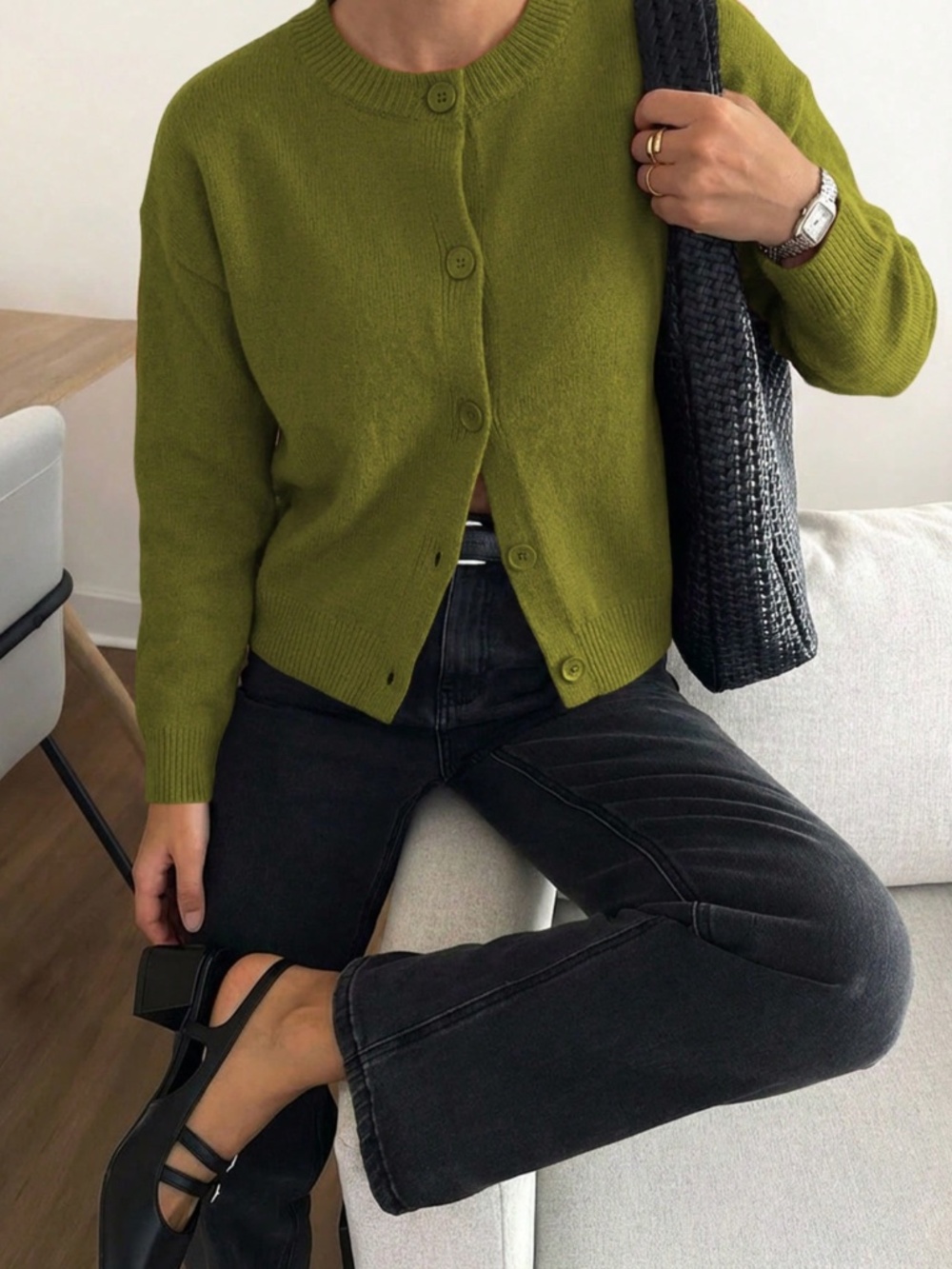 Green Knit Button Through Cardigan Round Neck Long Sleeve